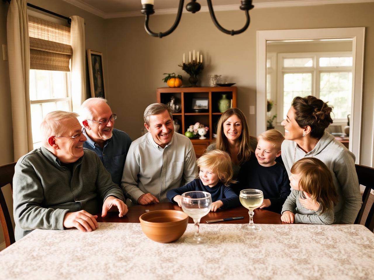 A multi-generational family gathered around a dining table