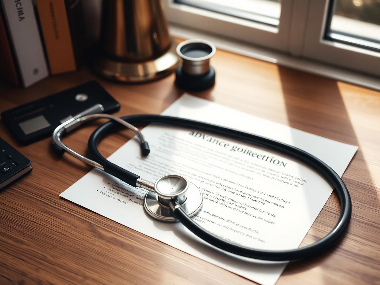 A stethoscope resting on an advance directive document
