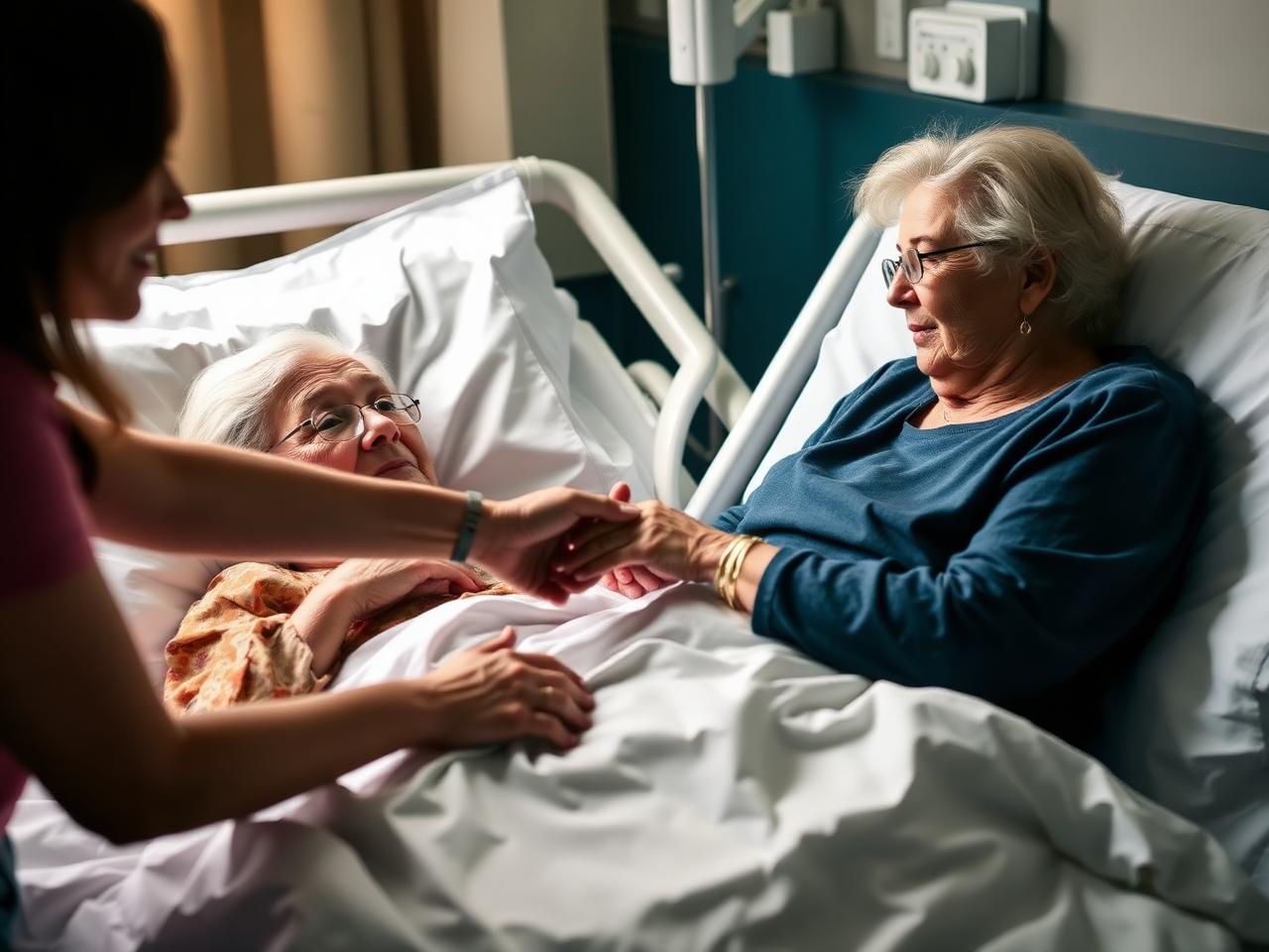 A family member holding a patient's hand at the bedside