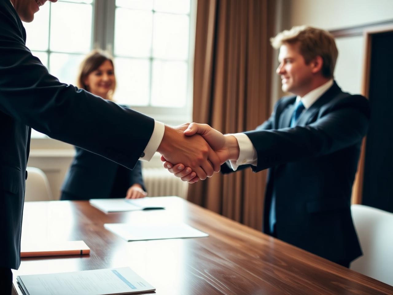 Two professionals shaking hands across a desk to signify trust