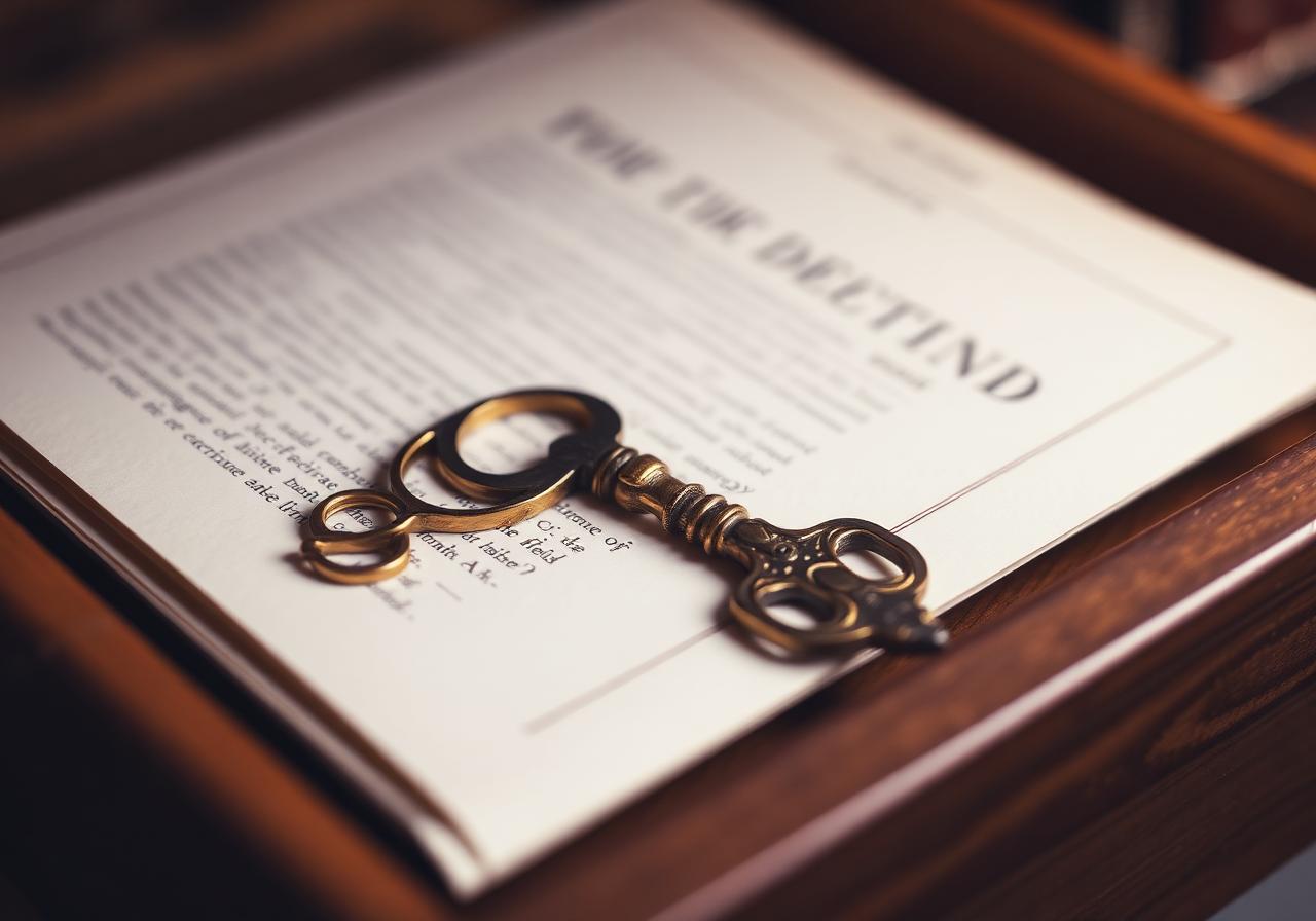An antique brass key resting on a folded legal document
